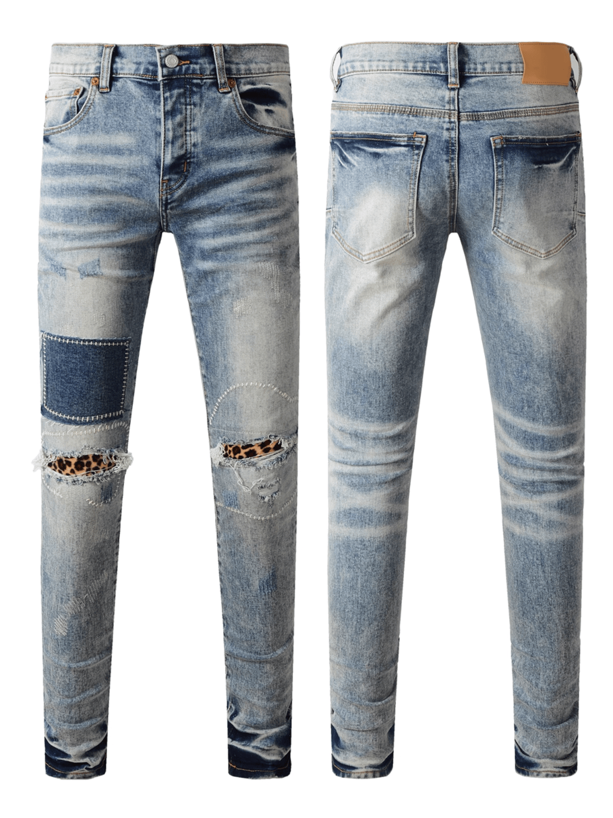 Blue Distressed Washed Patch Jeans