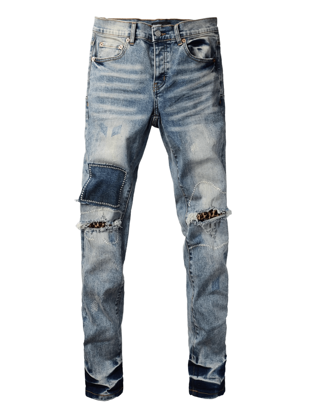 Blue Distressed Washed Patch Jeans