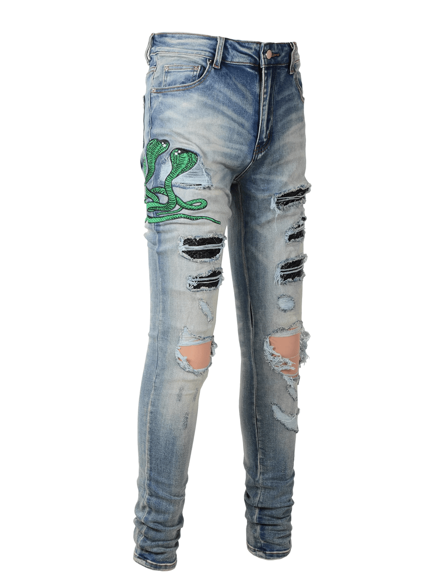 Snake Graphic Ripped Patch Jeans