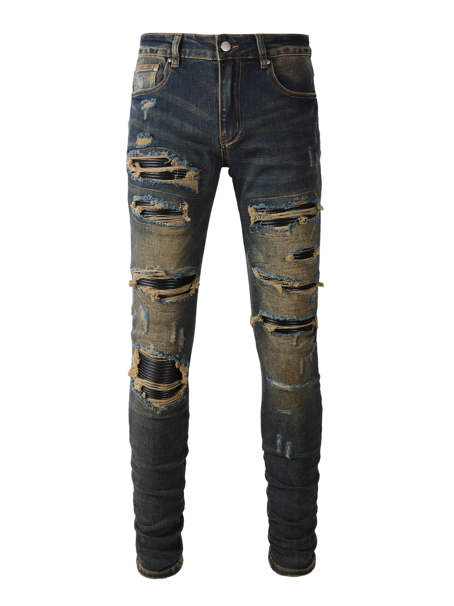 Washed Dark Blue Ripped Black Patch Jeans