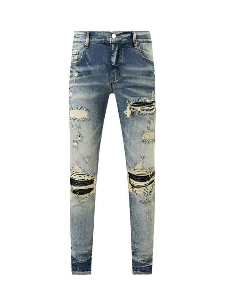 Washed Denim Ripped Black Patch Jeans