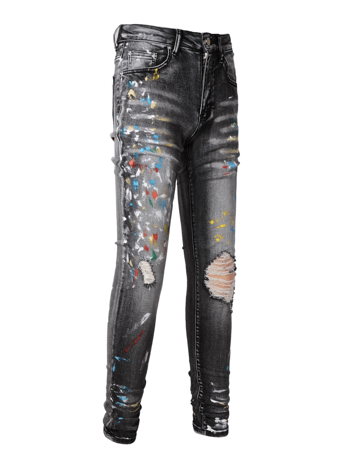 Washed Black Ripped Paint Jeans