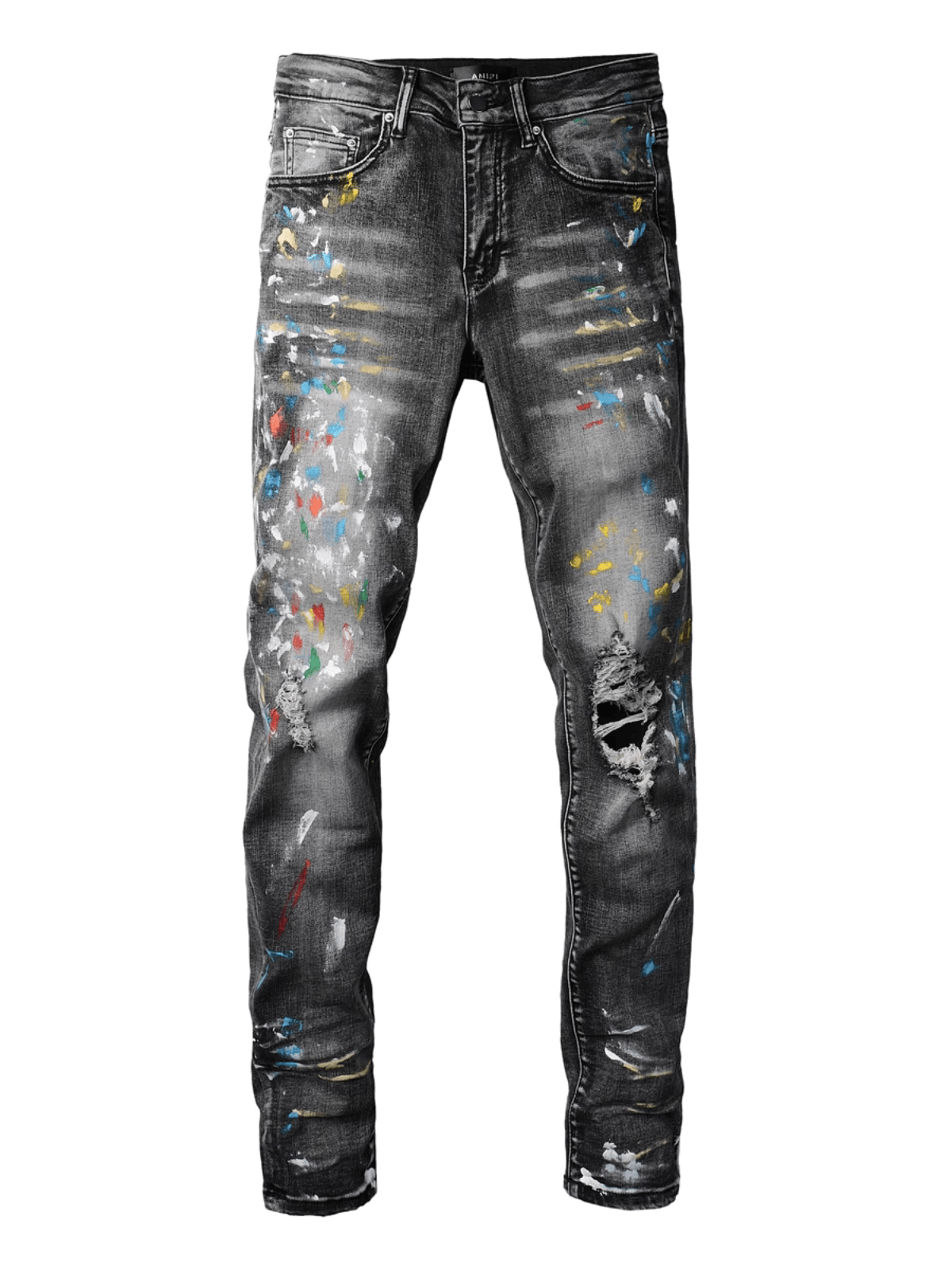 Washed Black Ripped Paint Jeans
