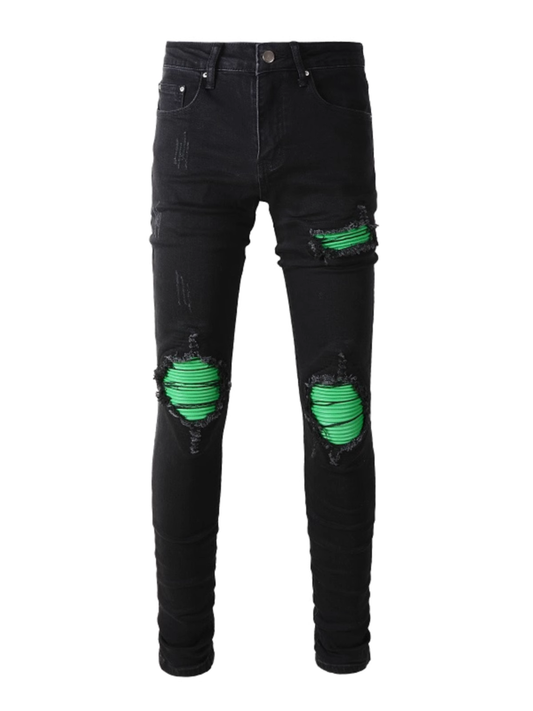 Black Ripped Green Patch Jeans