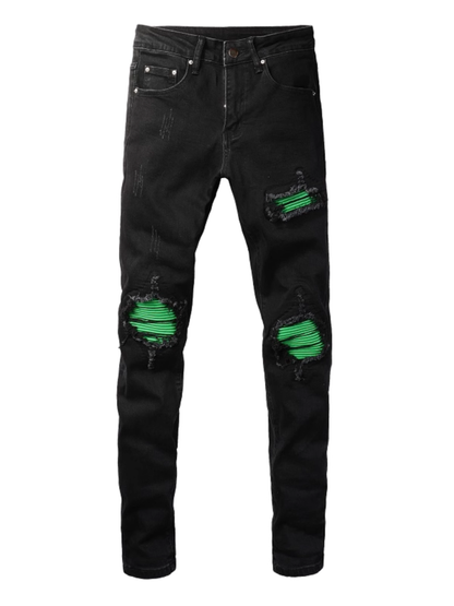 Black Ripped Green Patch Jeans