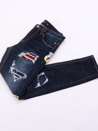 Dark Blue Badge Ripped Jeans