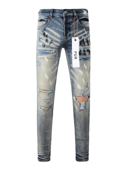 Blue Washed Paint Ripped Jeans