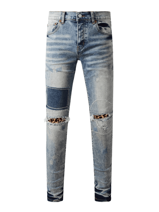 Blue Distressed Washed Patch Jeans