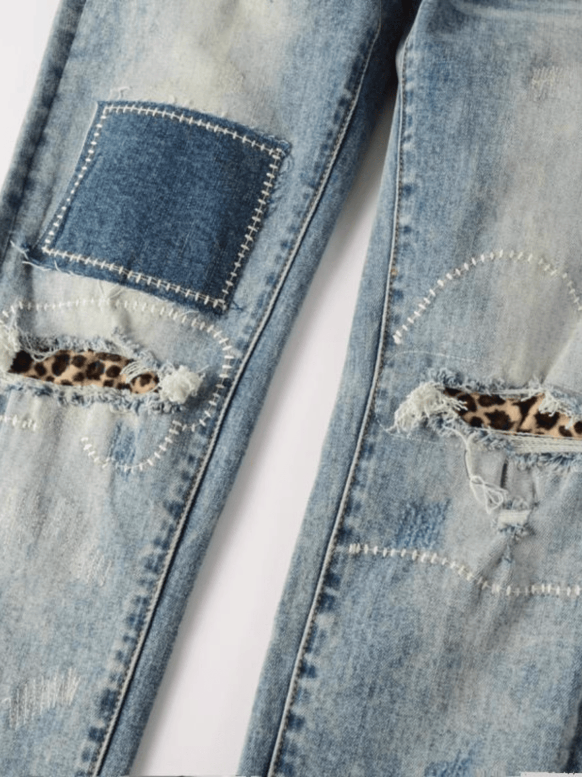 Blue Distressed Washed Patch Jeans