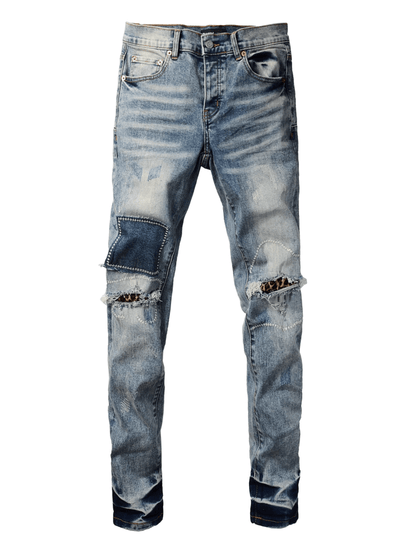 Blue Distressed Washed Patch Jeans