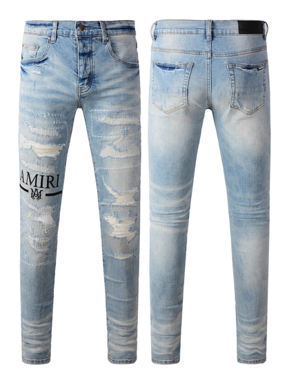 Light Blue Ripped Writing Jeans