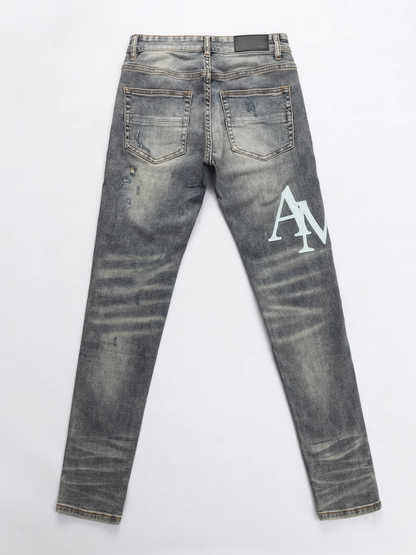 Gray Writing Ripped Jeans