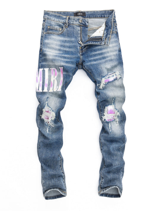 Denim White & Purple Writing Patch Jeans