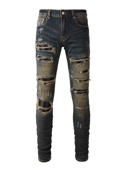 Washed Dark Blue Ripped Black Patch Jeans