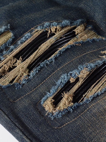 Washed Dark Blue Ripped Black Patch Jeans