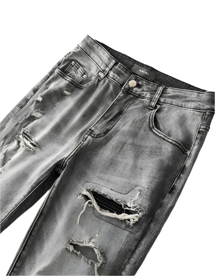 Grey Ripped Black Patch Jeans
