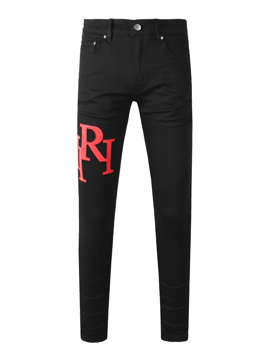 Black Red Patch Writing Jeans
