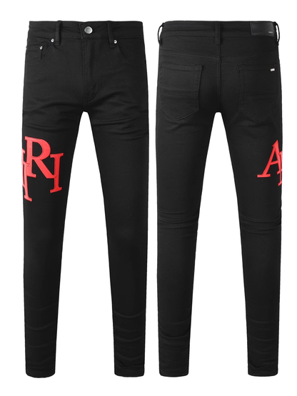 Black Red Patch Writing Jeans