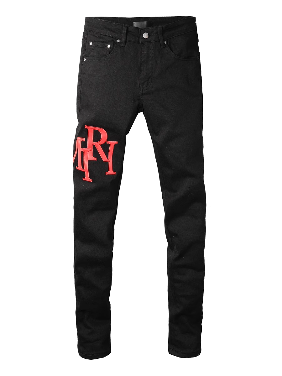 Black Red Patch Writing Jeans