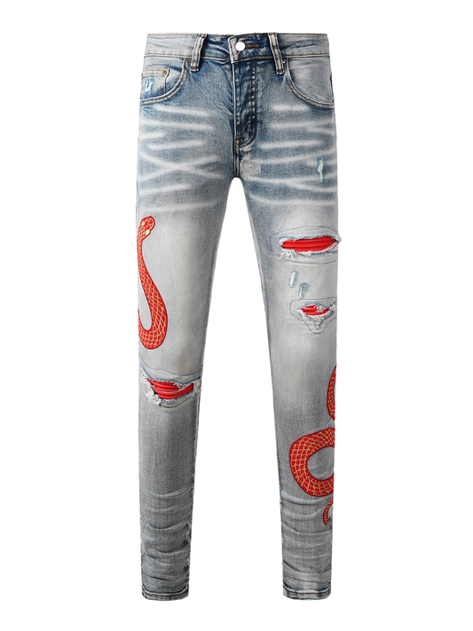 Denim Red Snake Graphic Jeans