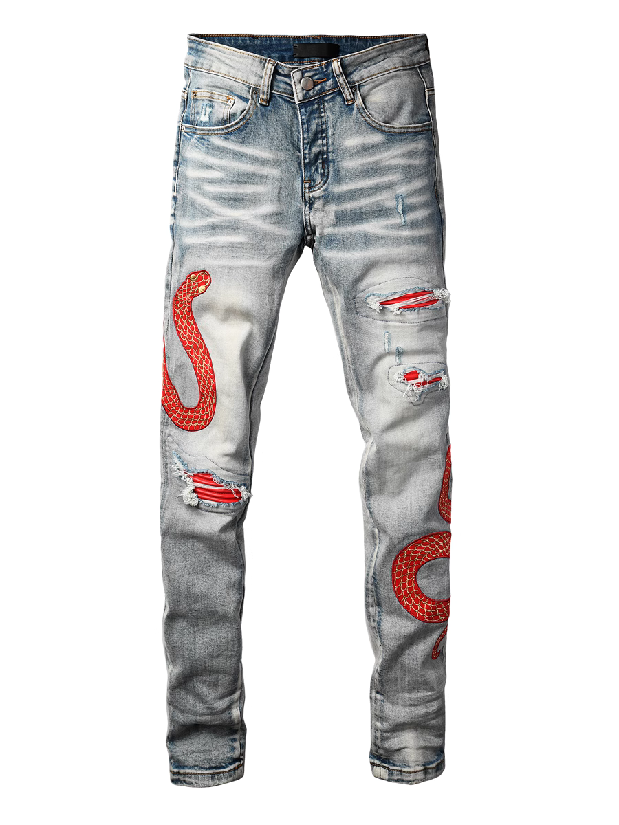 Denim Red Snake Graphic Jeans