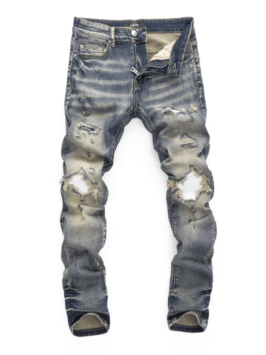 Washed Blue White Patch Jeans