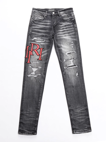 Smoke Gray Patch Writing Jeans