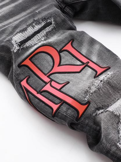 Smoke Gray Patch Writing Jeans