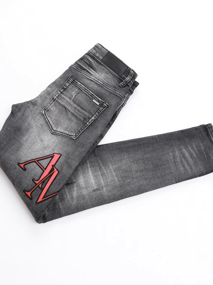 Smoke Gray Patch Writing Jeans