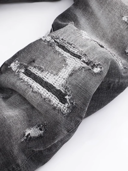 Smoke Gray Patch Writing Jeans