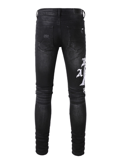 Black Graphic Ripped Jeans