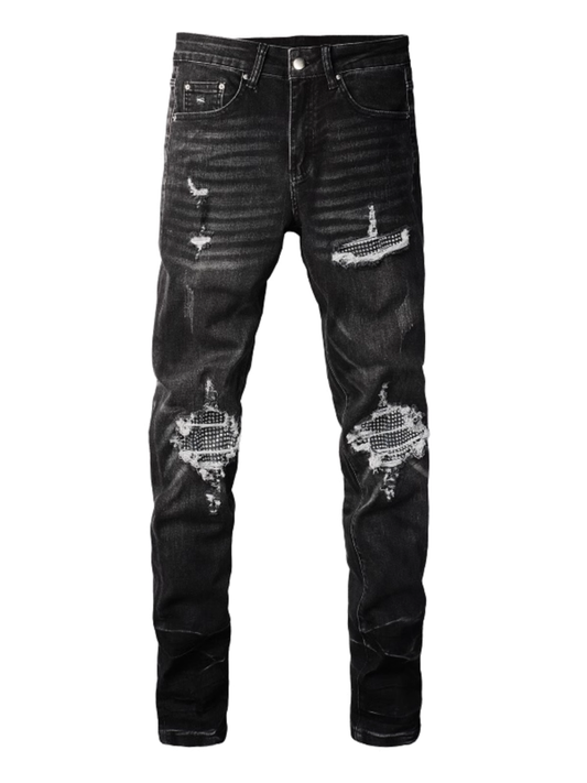 Black Rhinestone Patch Jeans