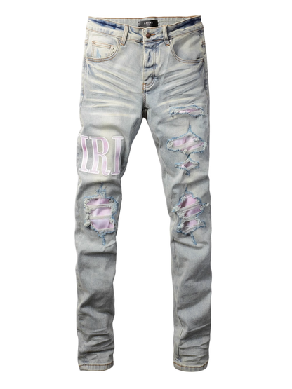 Light Blue Ripped Writing Jeans