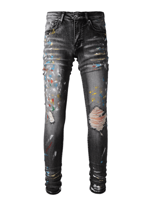 Washed Black Ripped Paint Jeans
